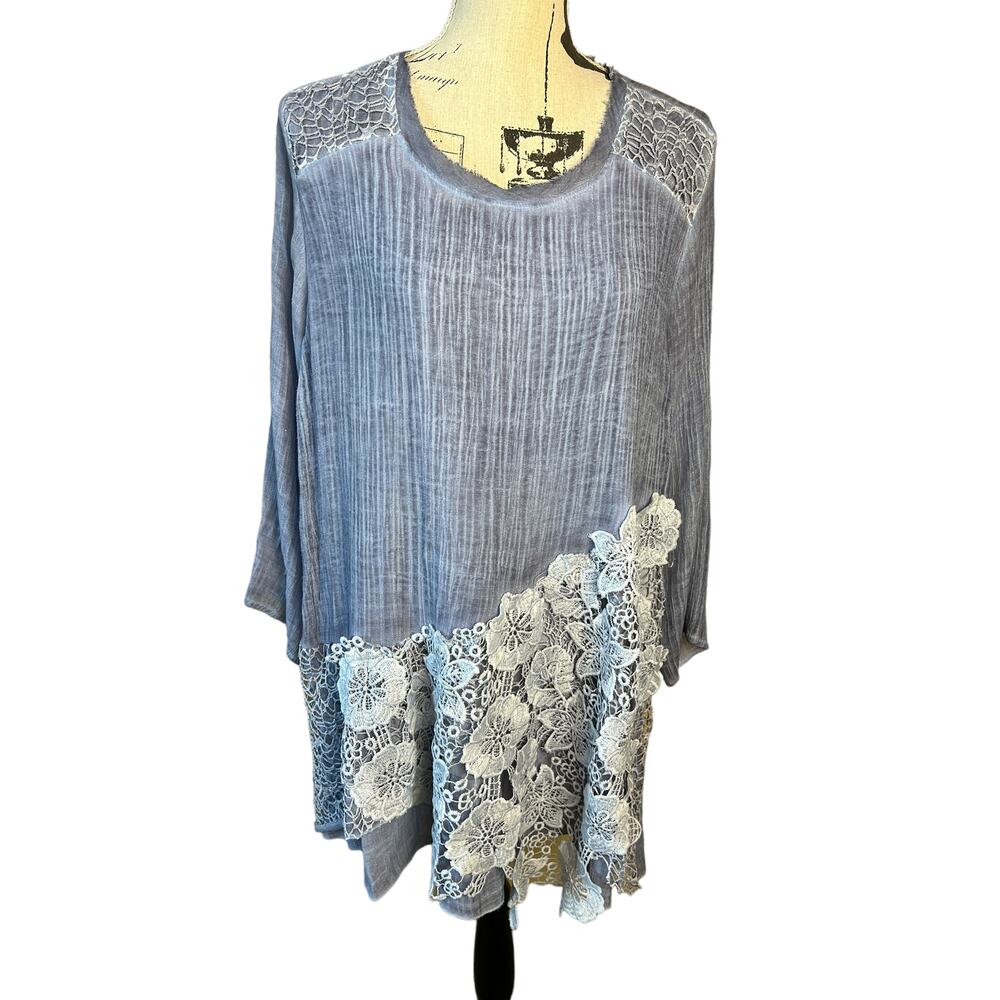 Krazy Kat Blue Gauze Embroidered Lace Blouse XL Boho Tunic 3/4 Sleeve Casual